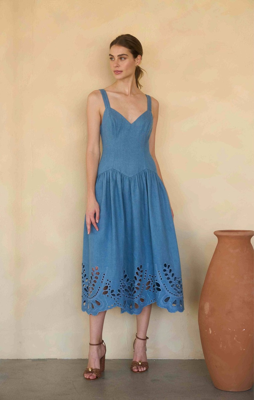 Moon River V-Neck Eyelet Detail Denim Midi Dress